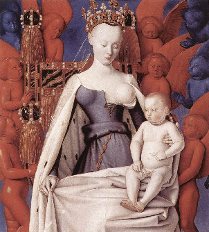 Agnès Sorel - vierge à l'enfant de Jean Fouquet (partie droite du diptyque de Melun, conservé autrefois à la collégiale Notre-Dame de Melun) et maintenant au musée des beaux arts d'Anvers (Belgique)